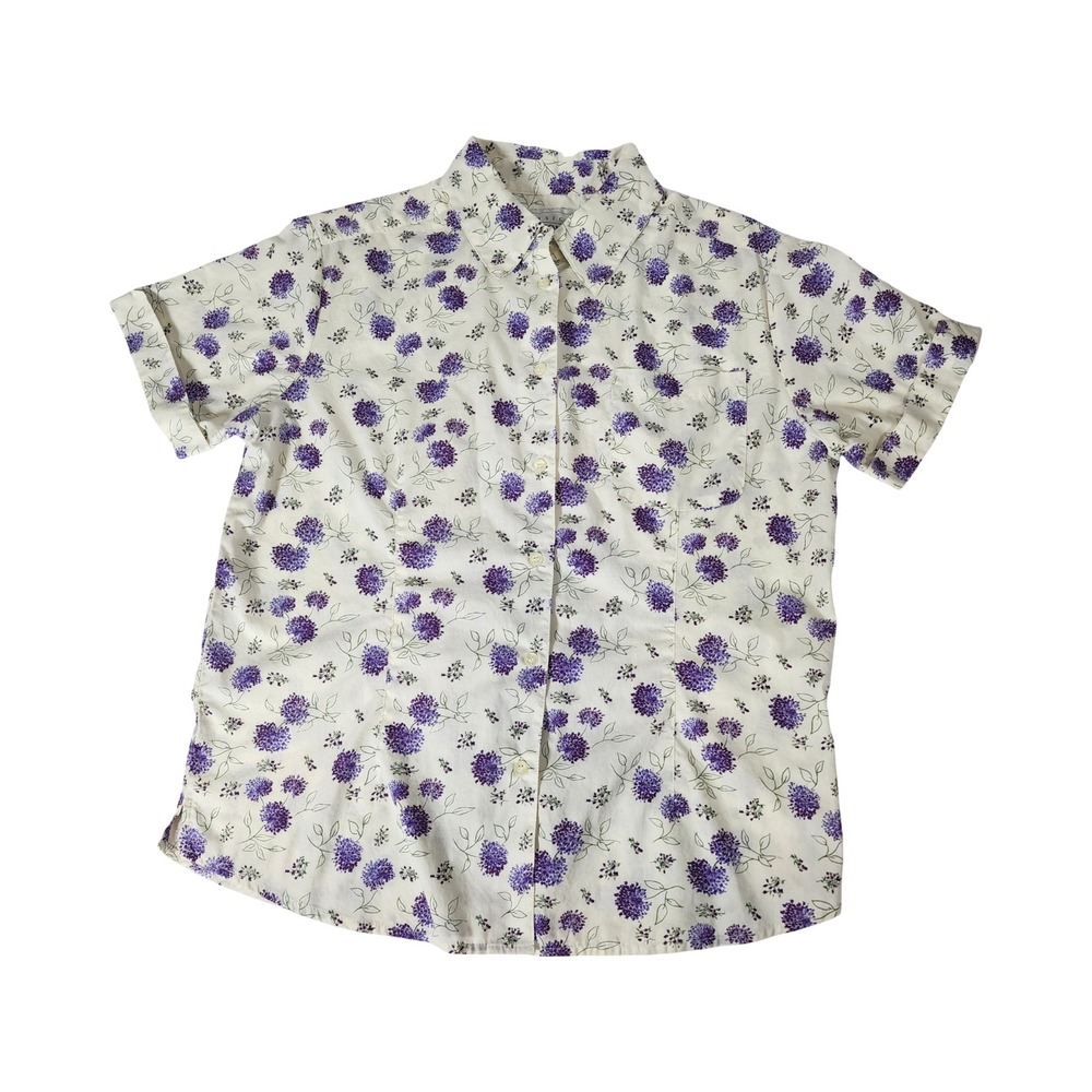 Basic Editions VTG Womens Short Sleeve Floral Button Shirt Purple Flower Medium